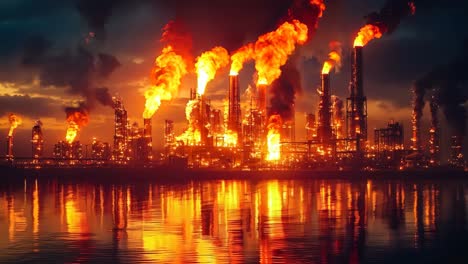 una gran refinería de petróleo con mucho humo saliendo de ella por la noche