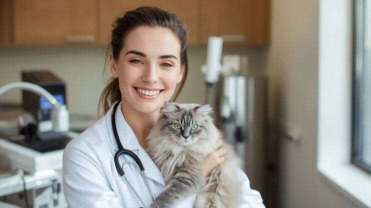 Camera starting vet holding longhaired cat, smiling to comfort it in clinic room with stethoscope