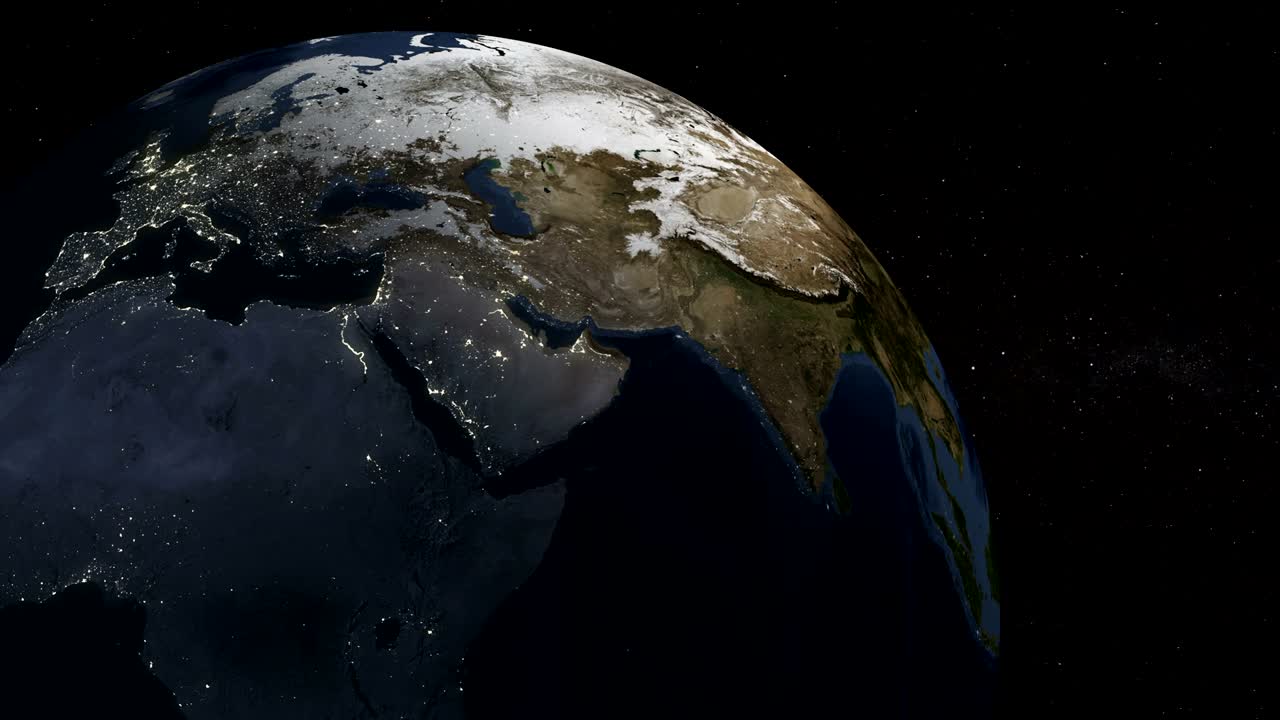 4k vista realista del giro de la tierra desde el espacio exterior con estrellas archivadas. gráfico de movimiento y fondo de animación.
