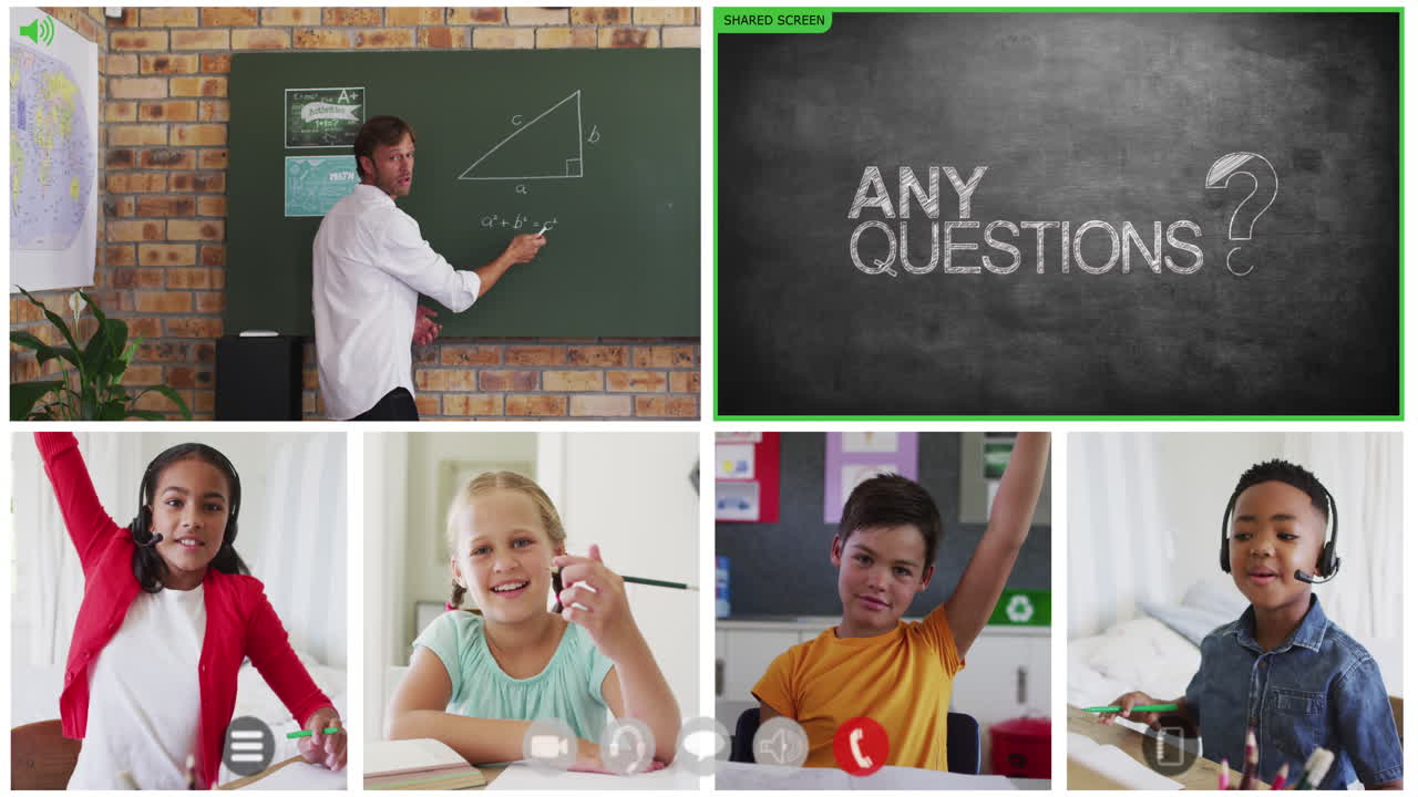 animación de pantallas de videollamadas de pizarra y diversos maestros y niños que tienen lecciones en línea