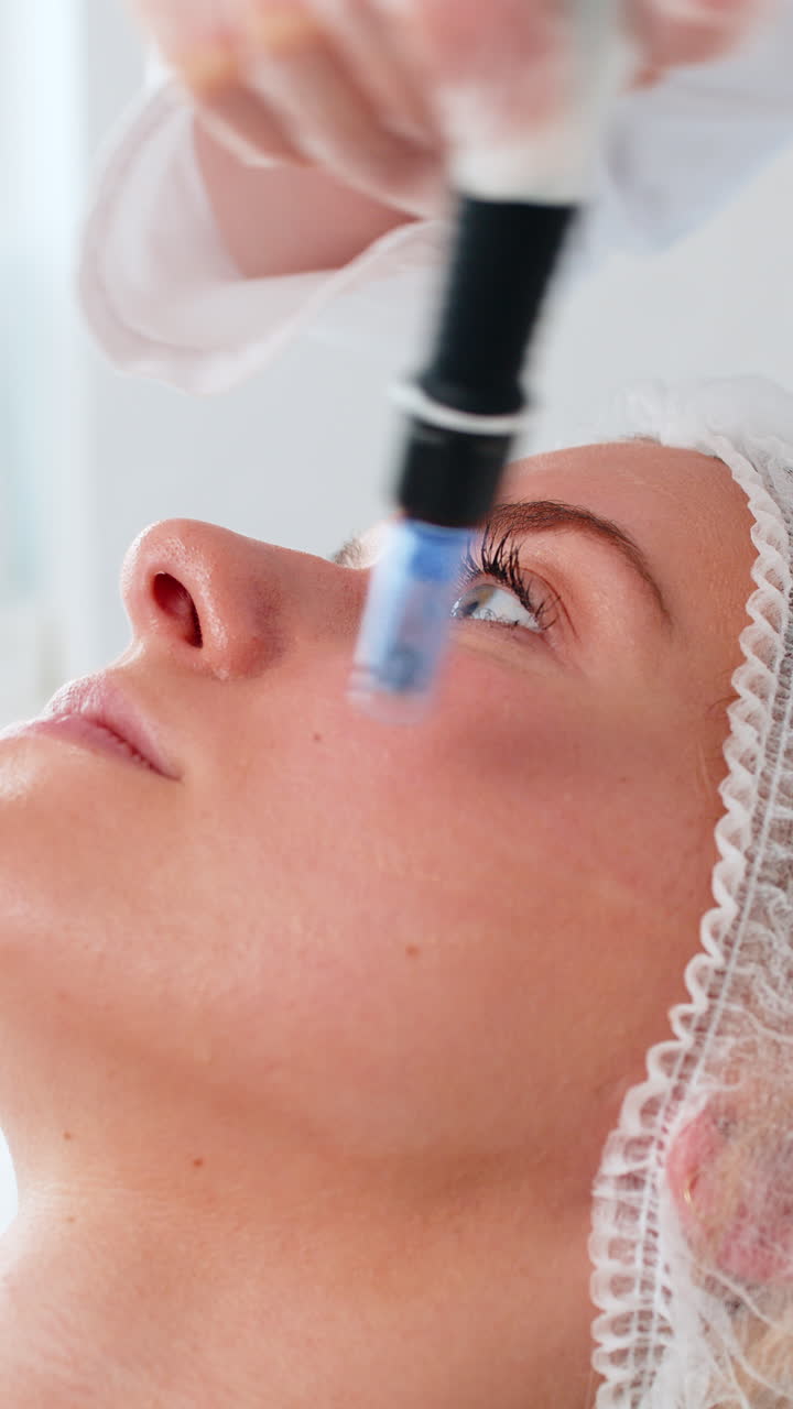 cosmetólogo haciendo el procedimiento de peeling mujer regeneración de la piel dermapen microneedling dermastamp