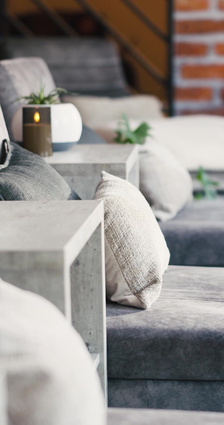 Modern Living Room Interior with Gray Sofa and Decorative Pillows