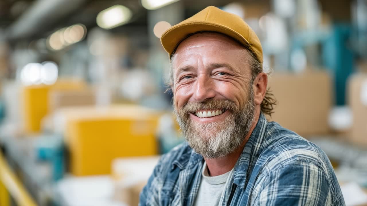 A Joyful Worker in an Industrial Setting: Capturing the Genuine Smile and Positive Energy of a Dedicated Employee in a Busy Warehouse Environment