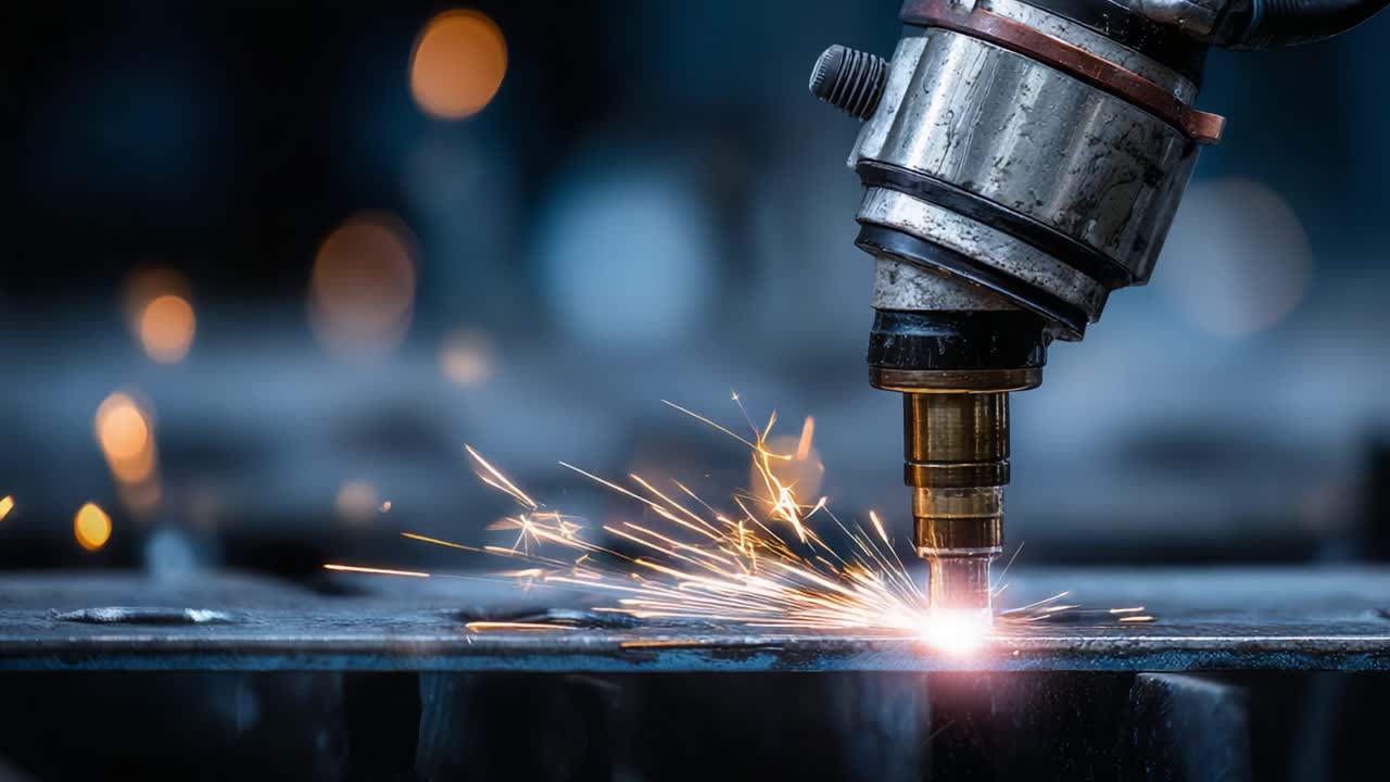 A close-up view of a precision welding tool in action, showcasing the intense sparks and the intricate process of metalworking in a modern industrial setting