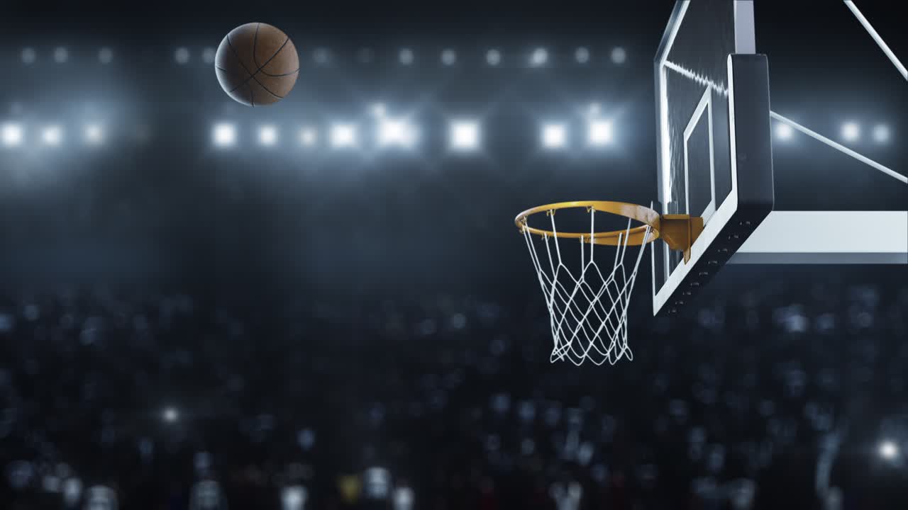el baloncesto golpeó la canasta en cámara lenta en el fondo de los destellos de las cámaras