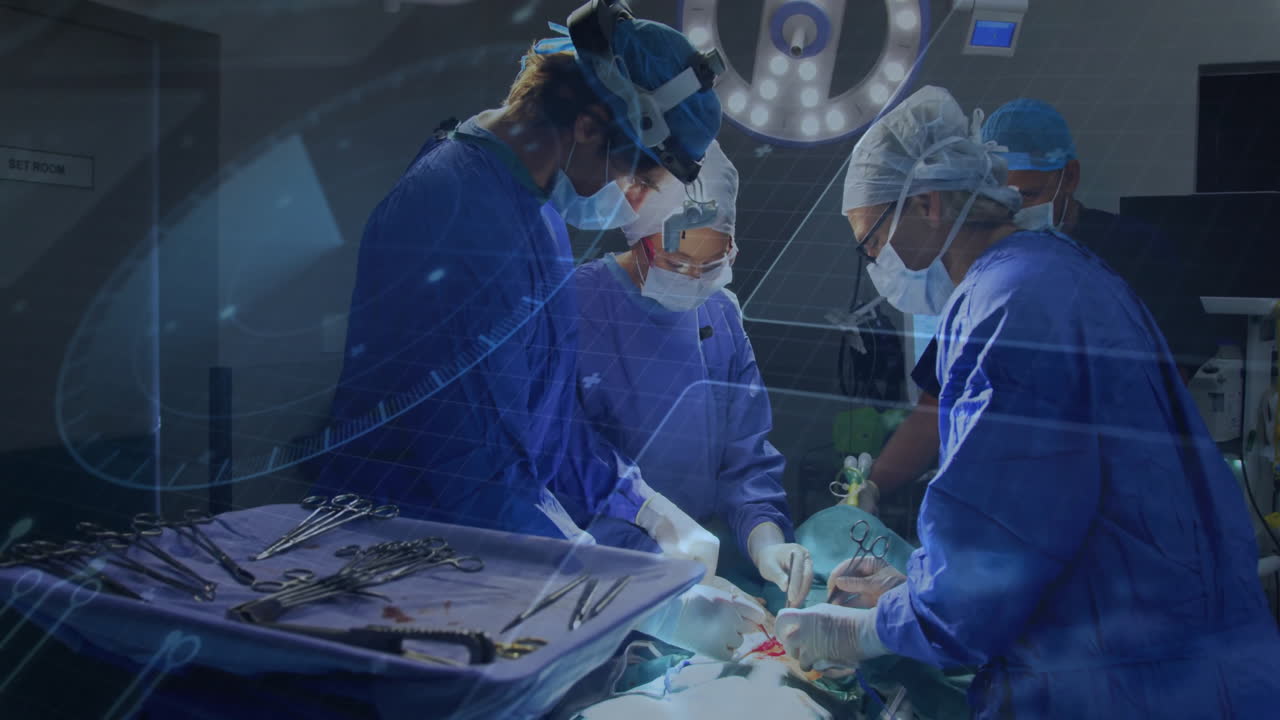 Surgical team performing operation in hospital OR, with animated vital signs and instrument labels