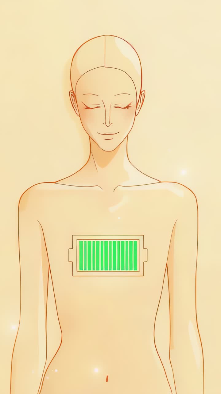 Vertical video: Lighting battery activating woman radiating glow in studio, bare chest recharging