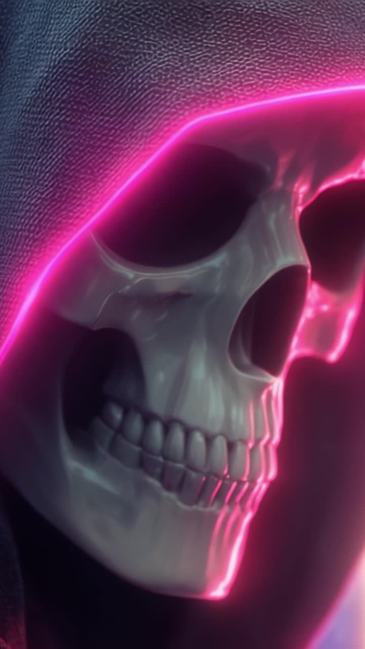 Un suggestivo primo piano di un teschio stilizzato avvolto nell'oscurità, illuminato da una vibrante luce neon rosa, che enfatizza dettagli intricati e crea un contrasto visivo atmosferico