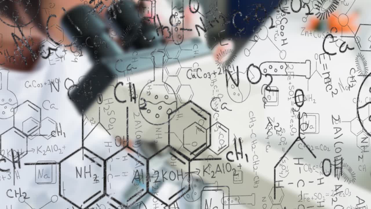 Female scientist in lab placing slide and adjusting focus analyzing sample with chemical diagrams