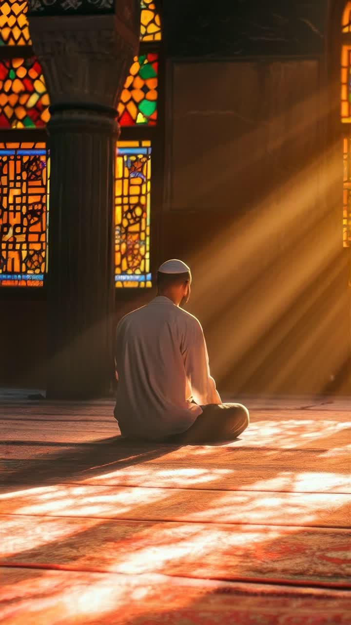 A serene scene of a person praying in a mosque, captured from behind at a low angle, with warm