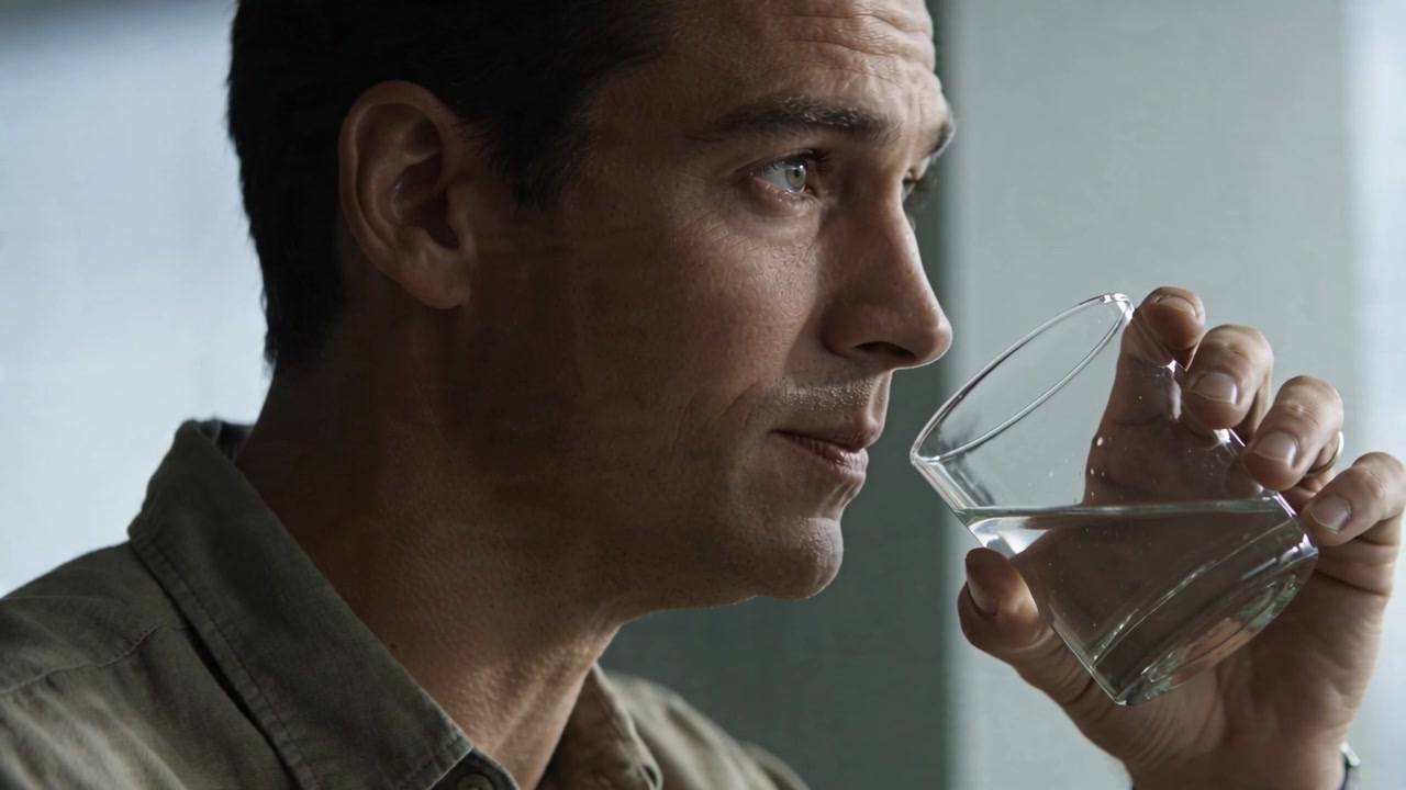 Thirst driving man lifting glass and sipping slowly in bright room, wristwatch, collared shirt
