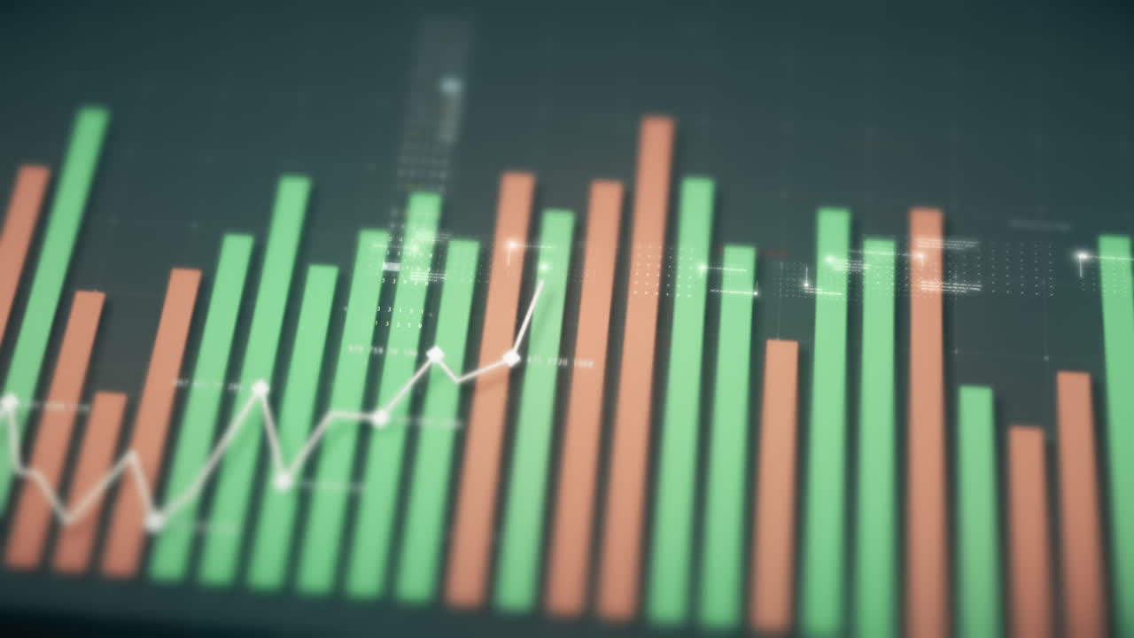 Forretningsbørs, handel, infografik med animerede grafer, diagrammer og data for indsigt og analyse, vist på en skærm til et mockup-tema for et forretningsmøde