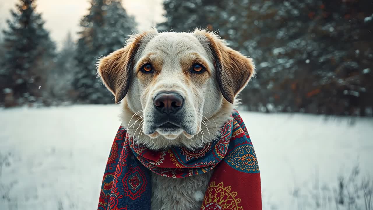 Cane che alza la testa, indossa una sciarpa rossa e blu, reagisce a un suono e si trova in uno spiazzo innevato