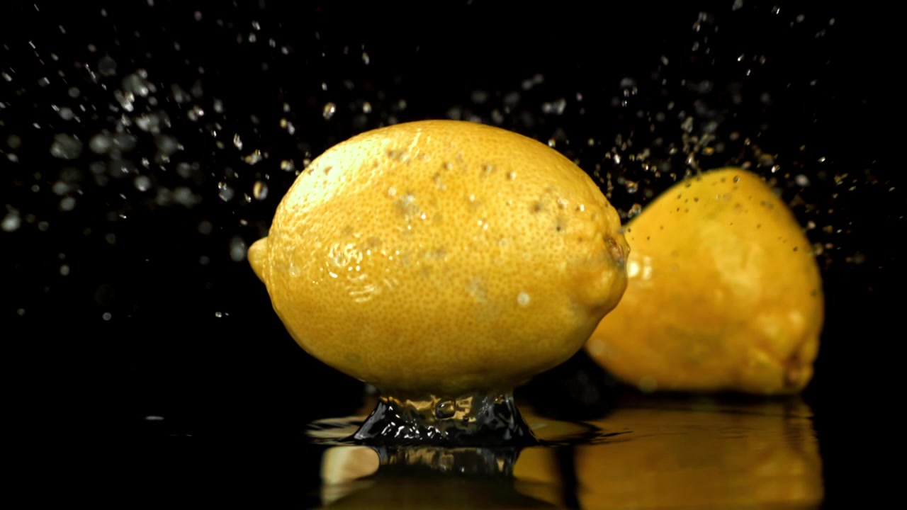 Limone fresco in caduta al rallentatore con schizzi d'acqua.