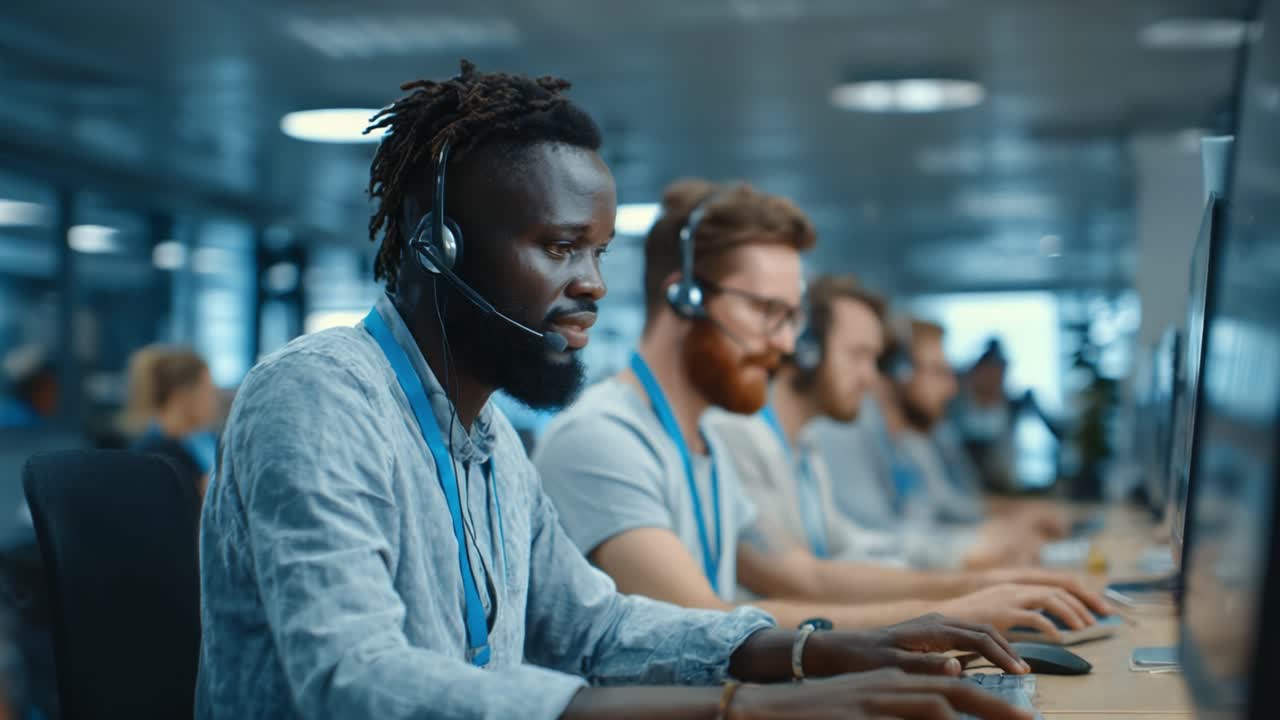 Focused Professionals in a Modern Office Call Center, Engaged in Customer Support Tasks Using Headsets and Computers, Showcasing Teamwork and Communication Skills
