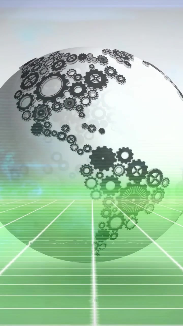 Vertical video: On play globe rotating, gear clusters shifting to center and fading to show network