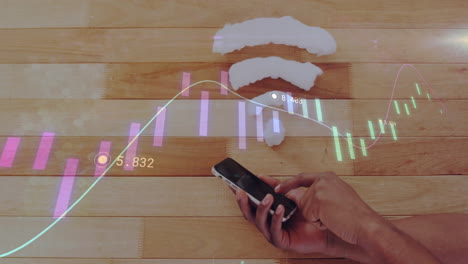 animation of financial data processing and wifi icon over caucasian woman using smartphone