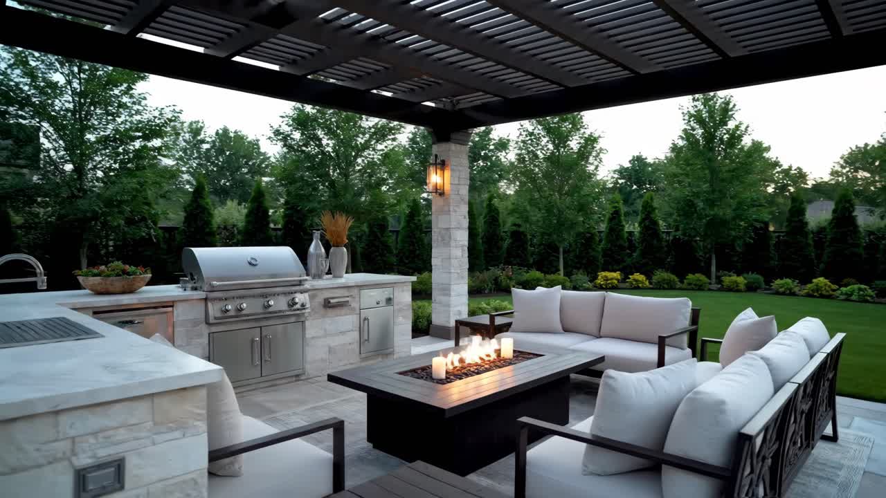 Outdoor-Küche und Terrasse mit Feuerstelle
