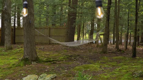 Leere-Hängematte,-Die-In-Friedlicher-Waldwildnis-Hängt,-Umgeben-Von-Lichterketten-Im-Garten