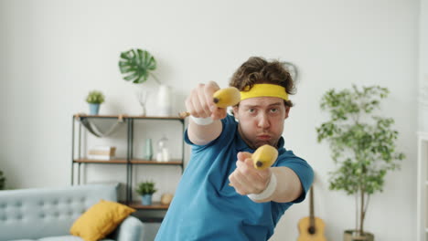 man with bananas, funny workout routine
