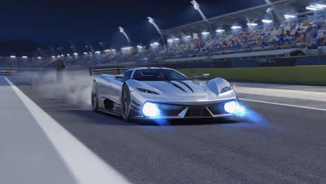 silver supercar racing at night on a track