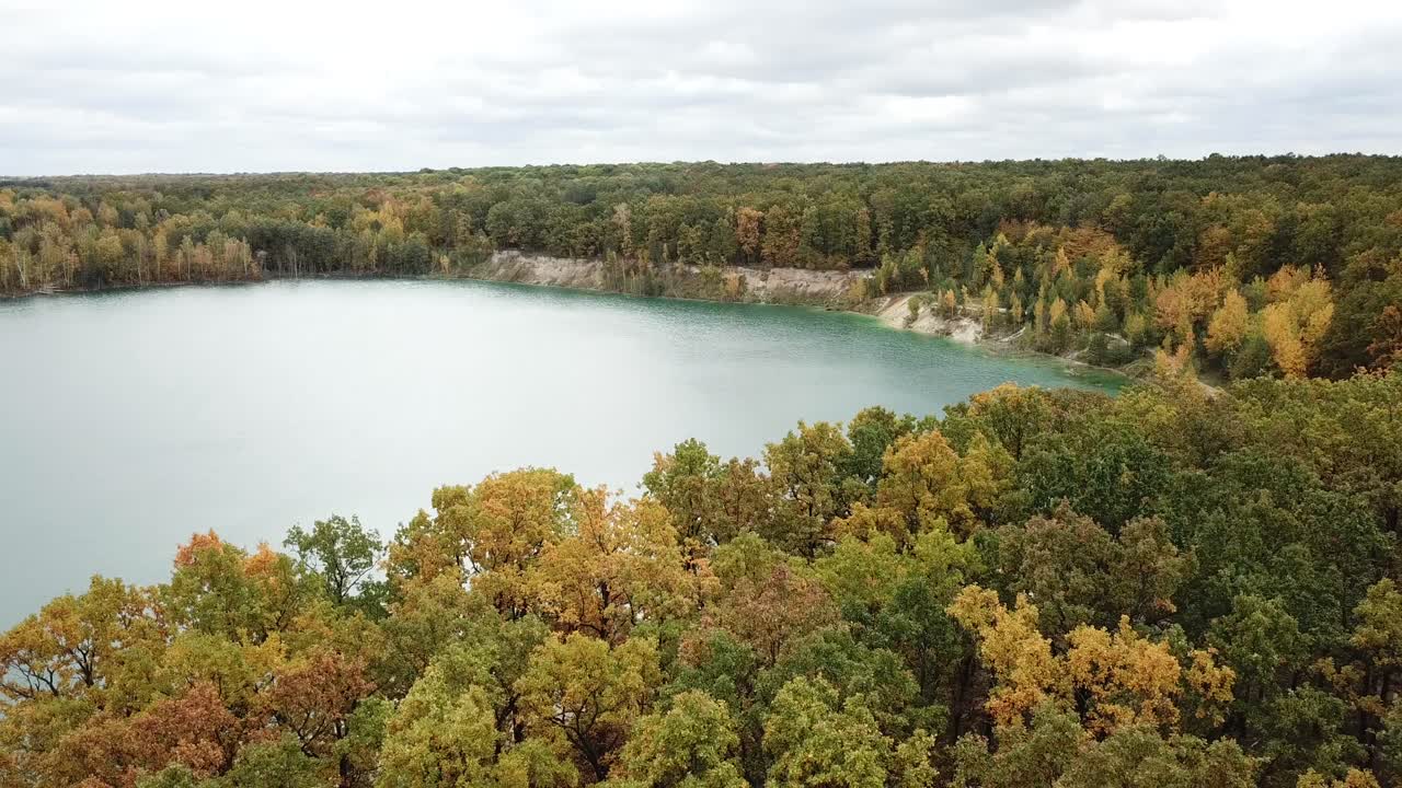 Nature with lake and forest. Aerial view of calm pine trees forest with lake
