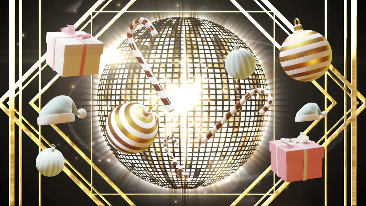 검은 바탕에 크리스마스 장식과 디스코 공의 애니메이션