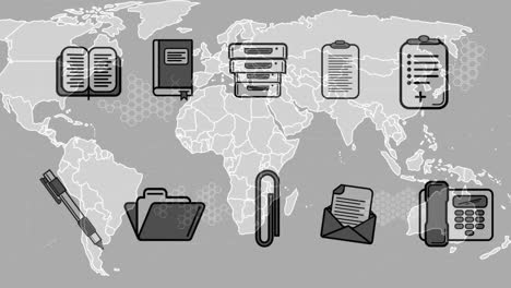 animación de iconos de negocios sobre el mapa del mundo en fondo gris