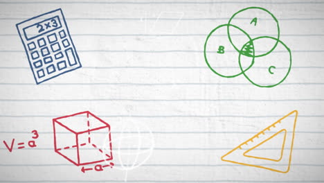 animación de coloridos iconos escolares y dibujos matemáticos sobre líneas
