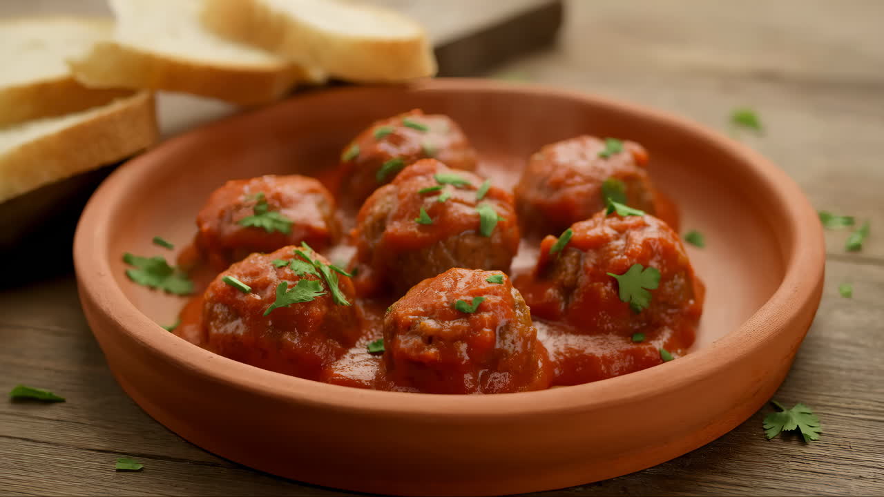 Вкусные мясные шарики в томатном соусе, украшенные свежей петрушкой