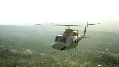Helicopter soaring above majestic hills under a golden sun