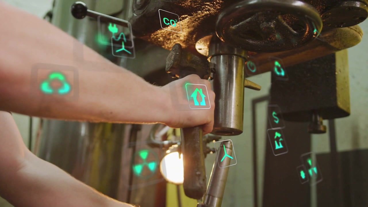 Man gripping lever, aligning drill bit, securing tool for machining as green AR icons float