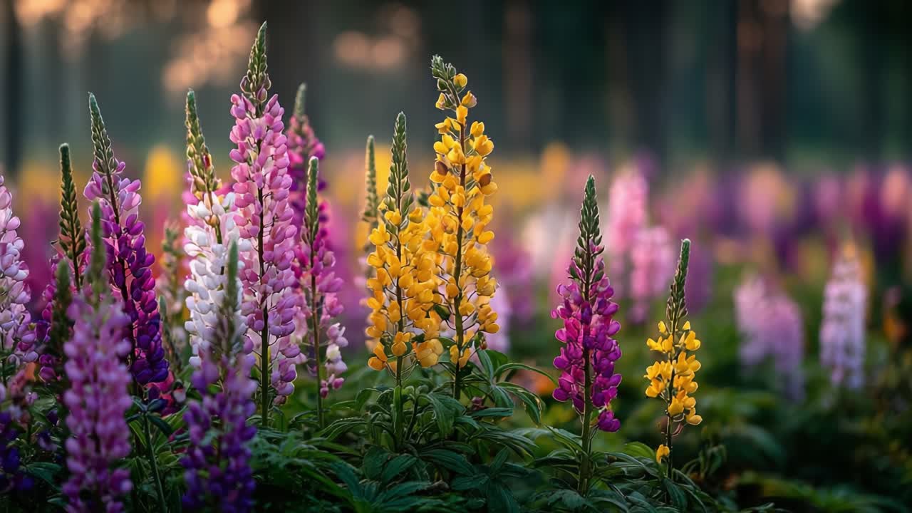 Vibrant Fields of Lupins: A Beautiful Display of Colorful Flowers in Bloom Amidst Greenery at Dusk, Showcasing Nature's Splendor and Serenity