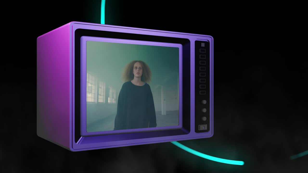 Animované retro televize zobrazující kreativní mládež a neonová světla