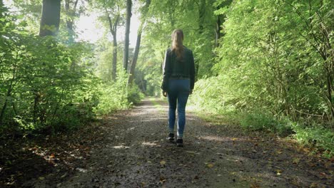 following young woman walking nature path on bright day, tracking