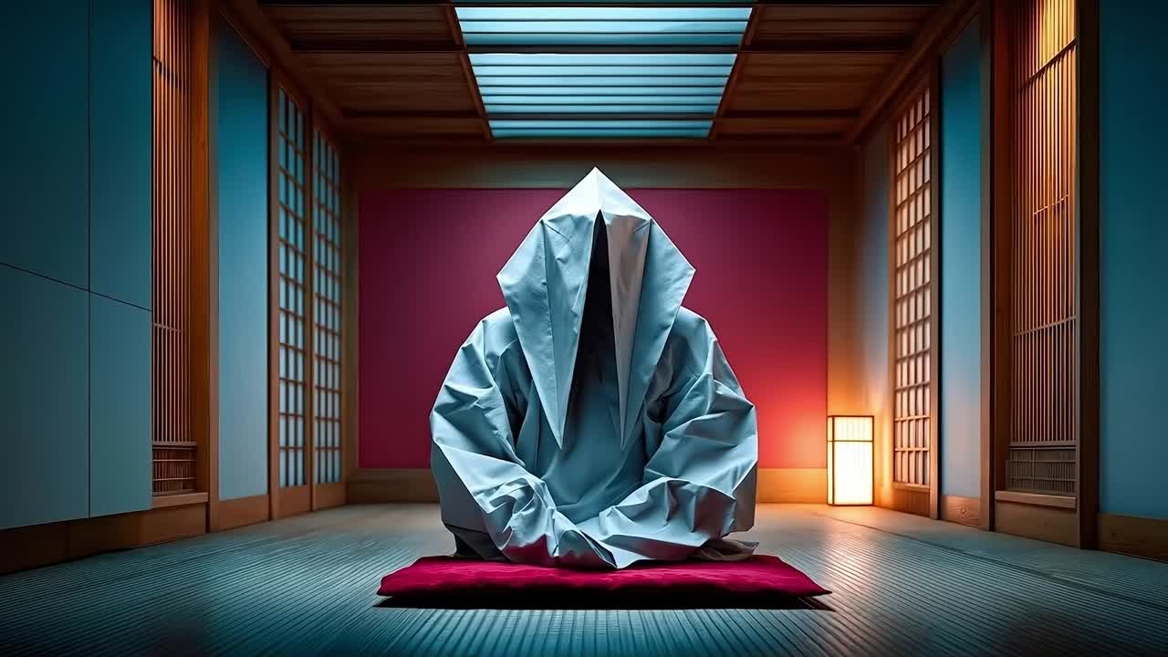 A person sitting on a red mat in a room