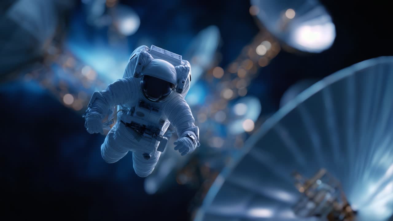 An astronaut explores the cosmos, floating amidst futuristic satellite dishes and high-tech communications in a breathtaking space environment