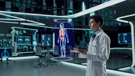 doctor reviewing a 3d holographic skeleton display in a modern medical lab