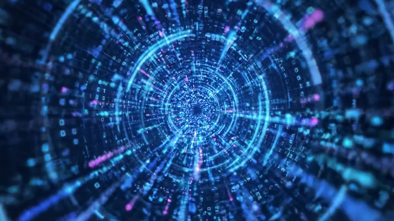 A Dynamic Visualization of Data Flow: Exploring a Vortex of Digital Connections and Colorful Light Patterns in a High-Tech Environment