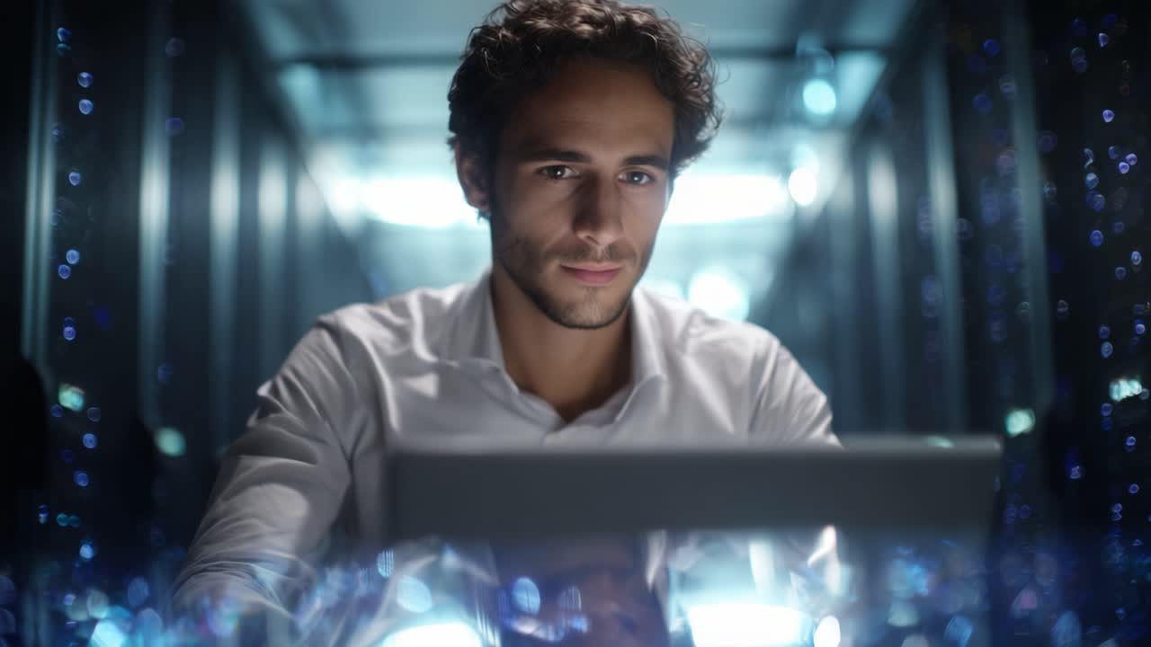 A focused young man works intently on a laptop in a futuristic data center, illuminated by soft blue lights that create a high-tech atmosphere