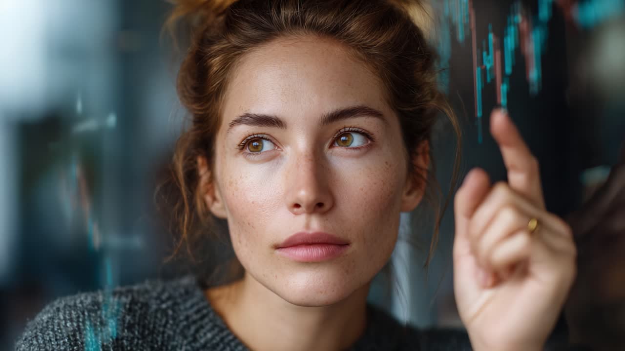 Contemplative Woman Analyzing Data with Insightful Expression, Portraying Focus and Determination in a Modern Setting