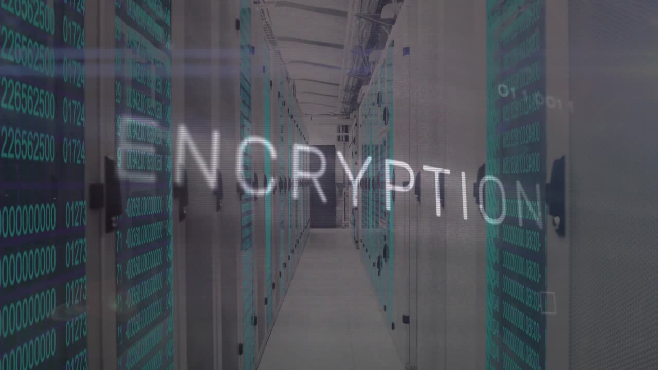 Code streaming through server racks starting encryption text fading glitching, visualizing security