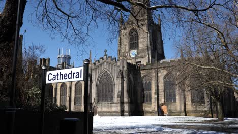 cathedral on a snowy, sunny winter day, sheffield, wide angle