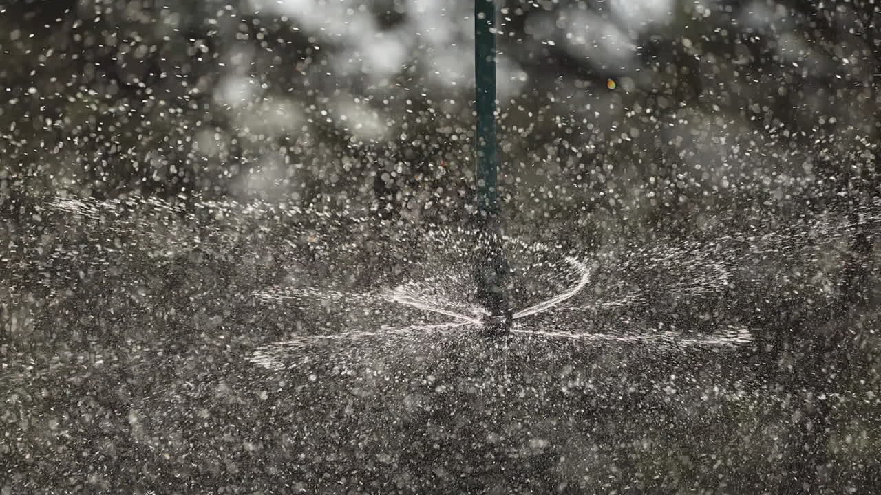 Irrigatore rotante ad acqua ad alto contrasto irriga un campo in una giornata di sole
