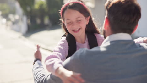 father, girl and running for hug after school