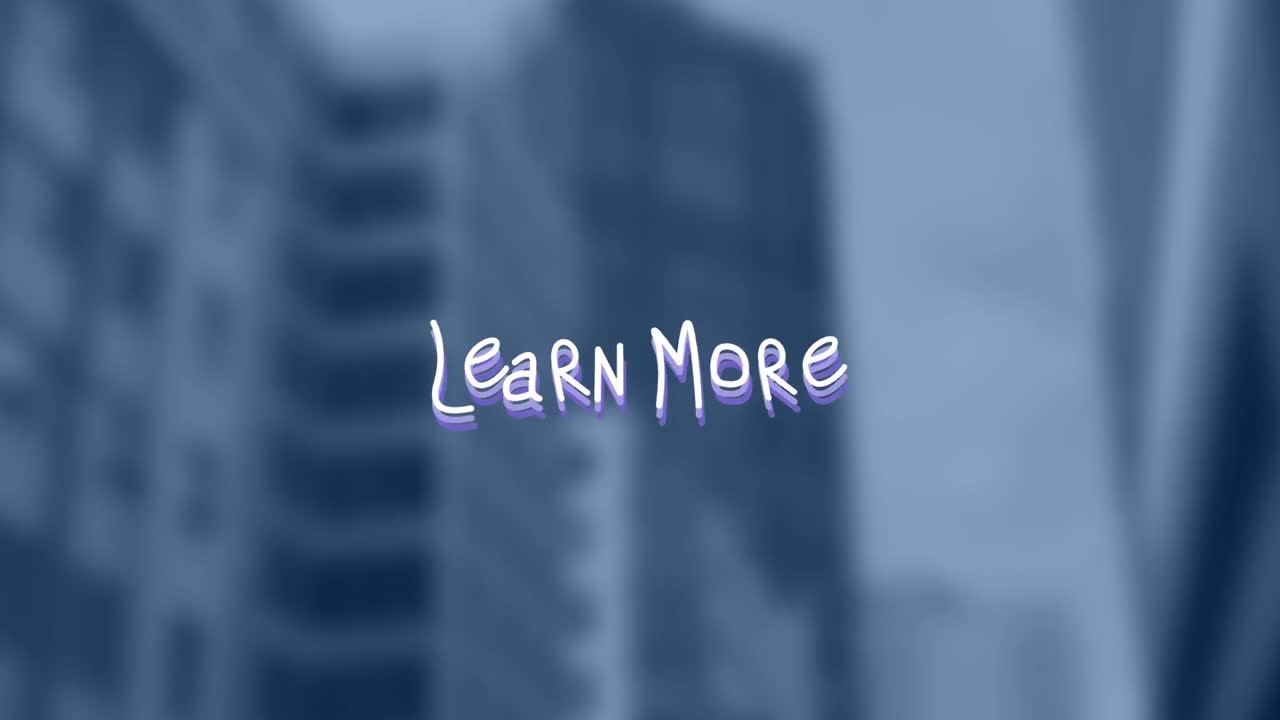 Animation of learn more text over cityscape