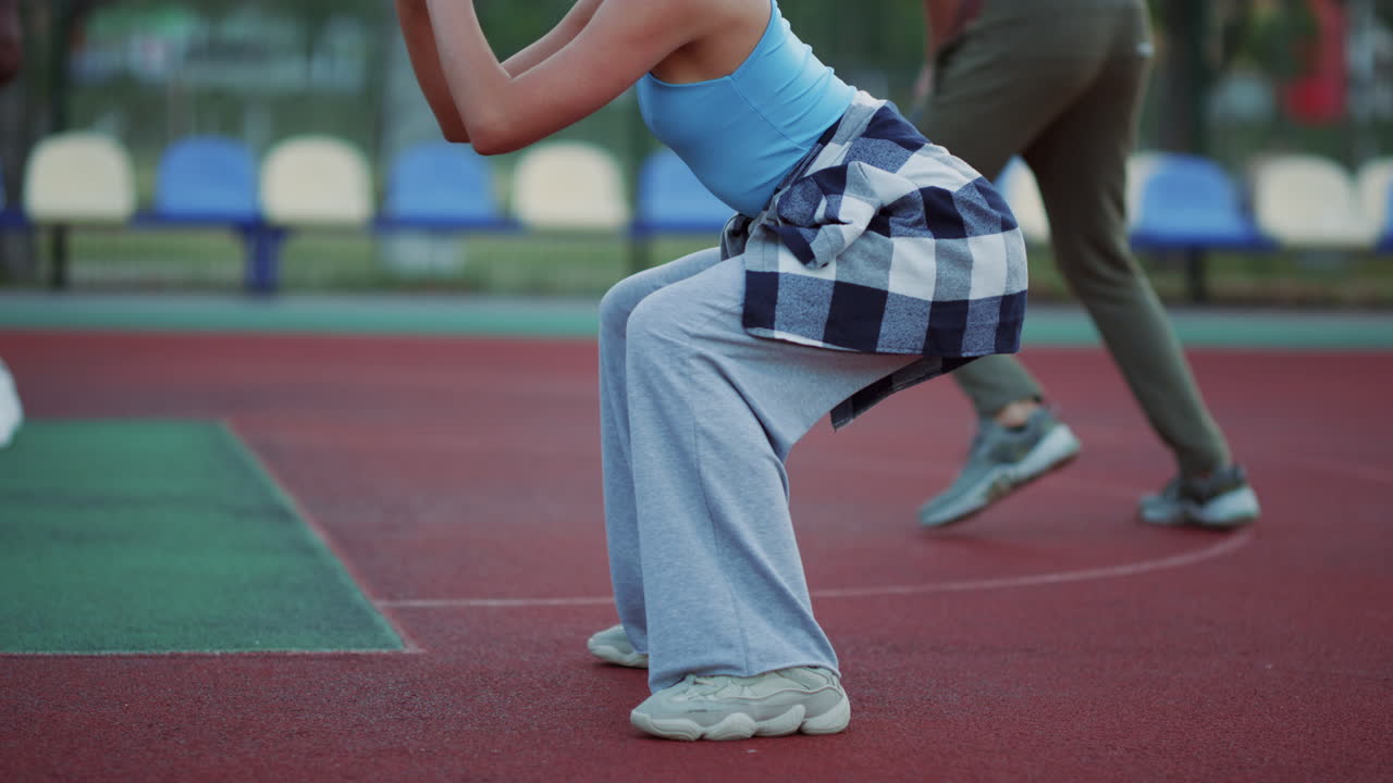 Attractive sportswoman making squats in playground outdoor. Girl having workout