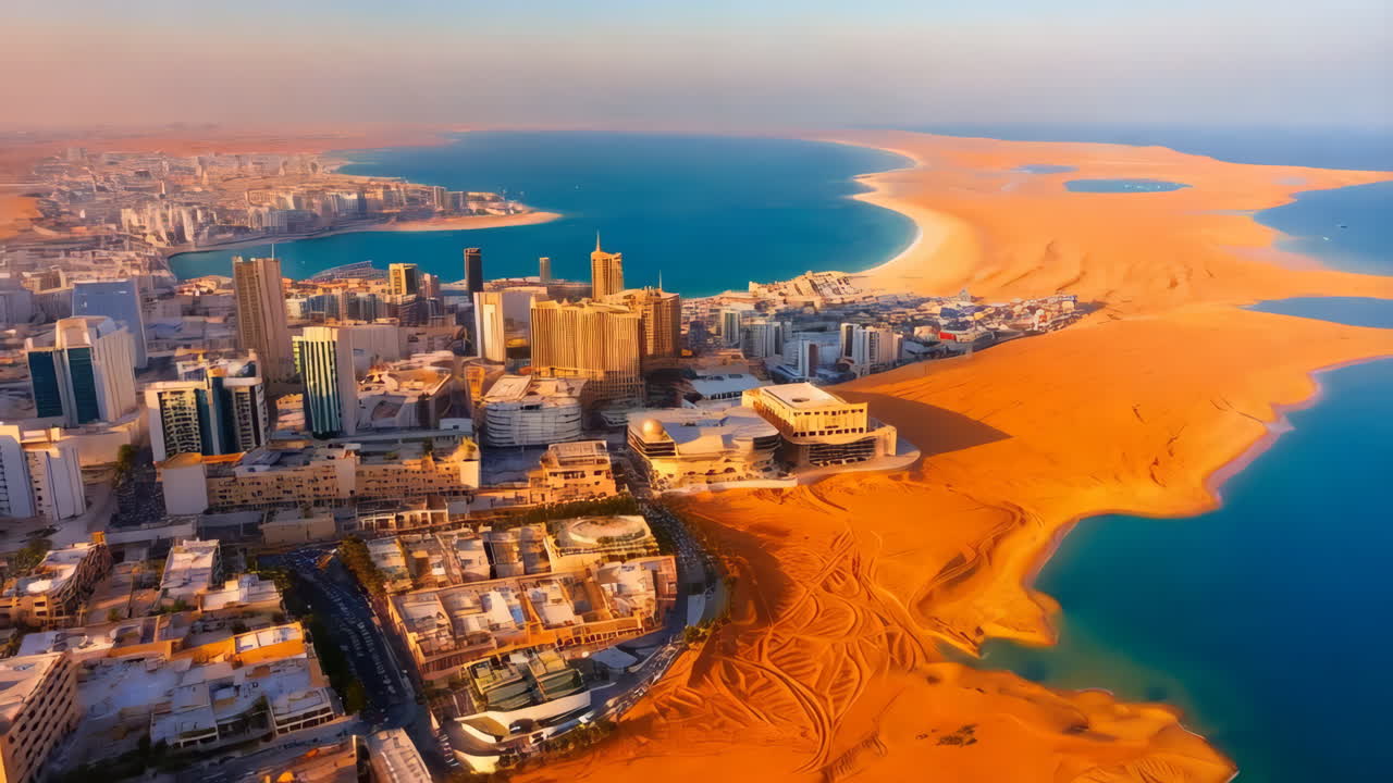 Aerial View of a Modern City on a Coastal Desert