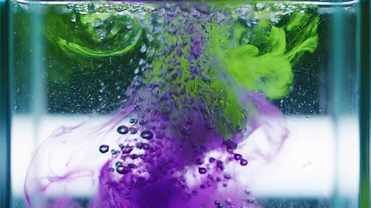 Bolle in risalita attraversano pennacchi viola in espansione mentre viticci verde lime si arricciano vicino alla superficie dell'acqua, rivelando strati traslucidi e riflessi increspati in un'inquadratura frontale ravvicinata