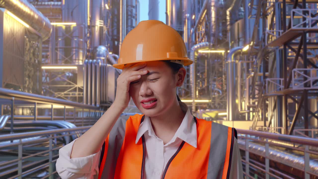 Close Up Of Asian Female Engineer With Safety Helmet Having A Headache While Working At A Vast Oil Refinery